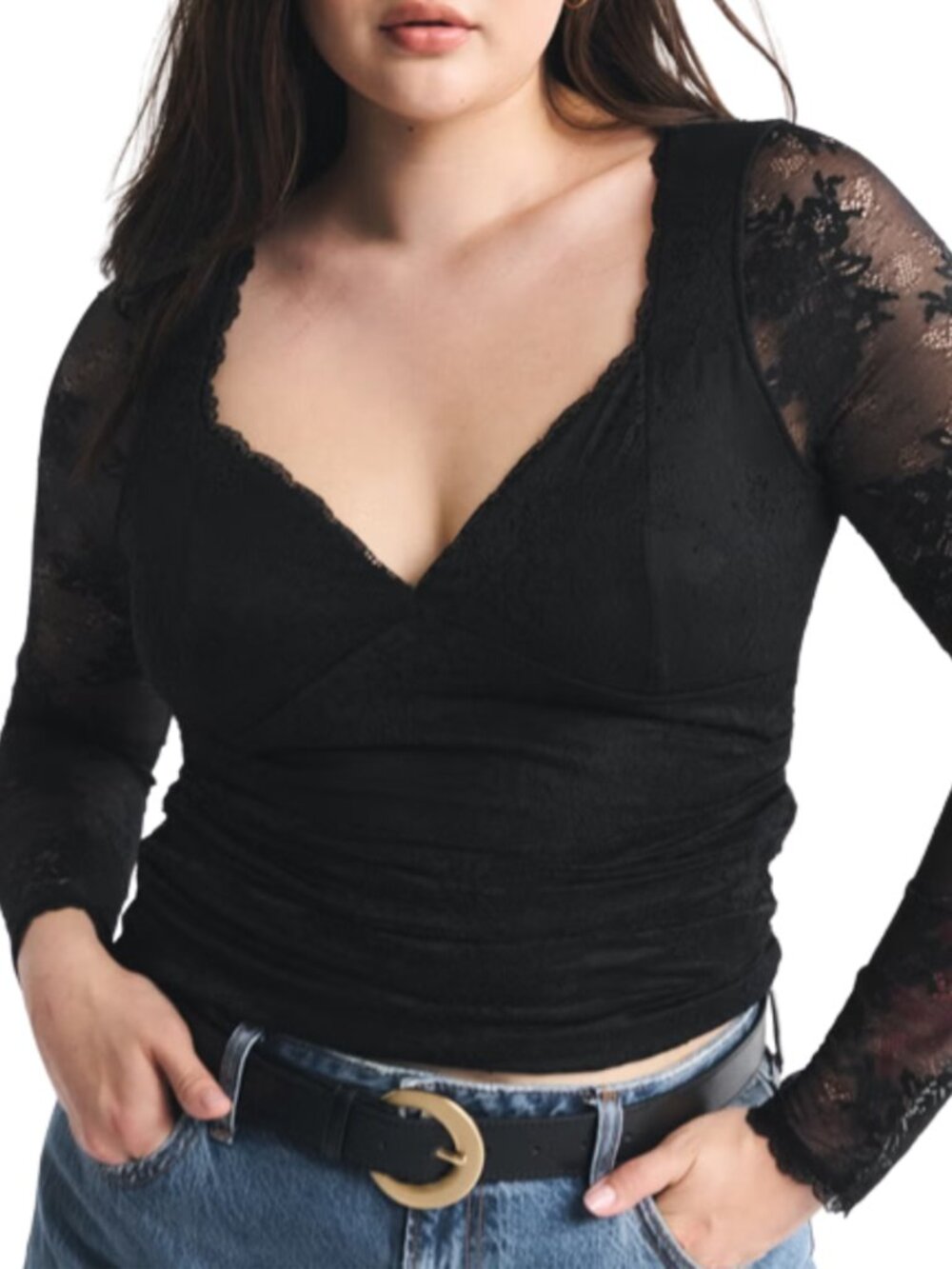 NWOT Abercrombie & Fitch Black Zoe Padded Bra-Free Long-Sleeve Lace Top - Medium
